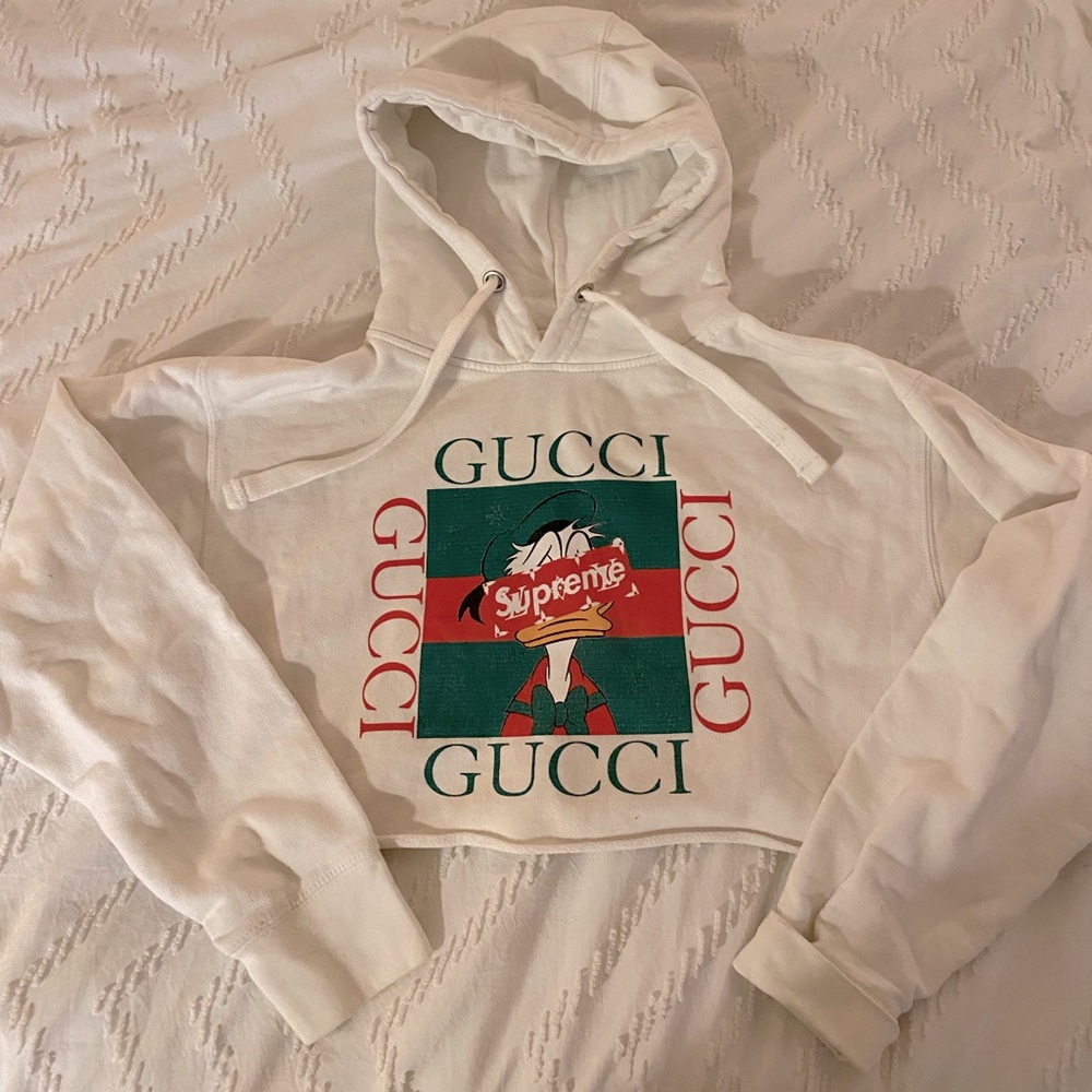 Gucci print white crop top hoodie, M